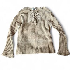 Vintage Y2K Boho soft velvet beige long sleeve ribbed top with lace up detail. S